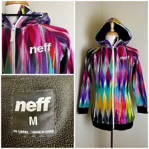 NEFF W's Shredder Hoodie Long Jacket Rainbow Print Full Zip Fleece Lined M